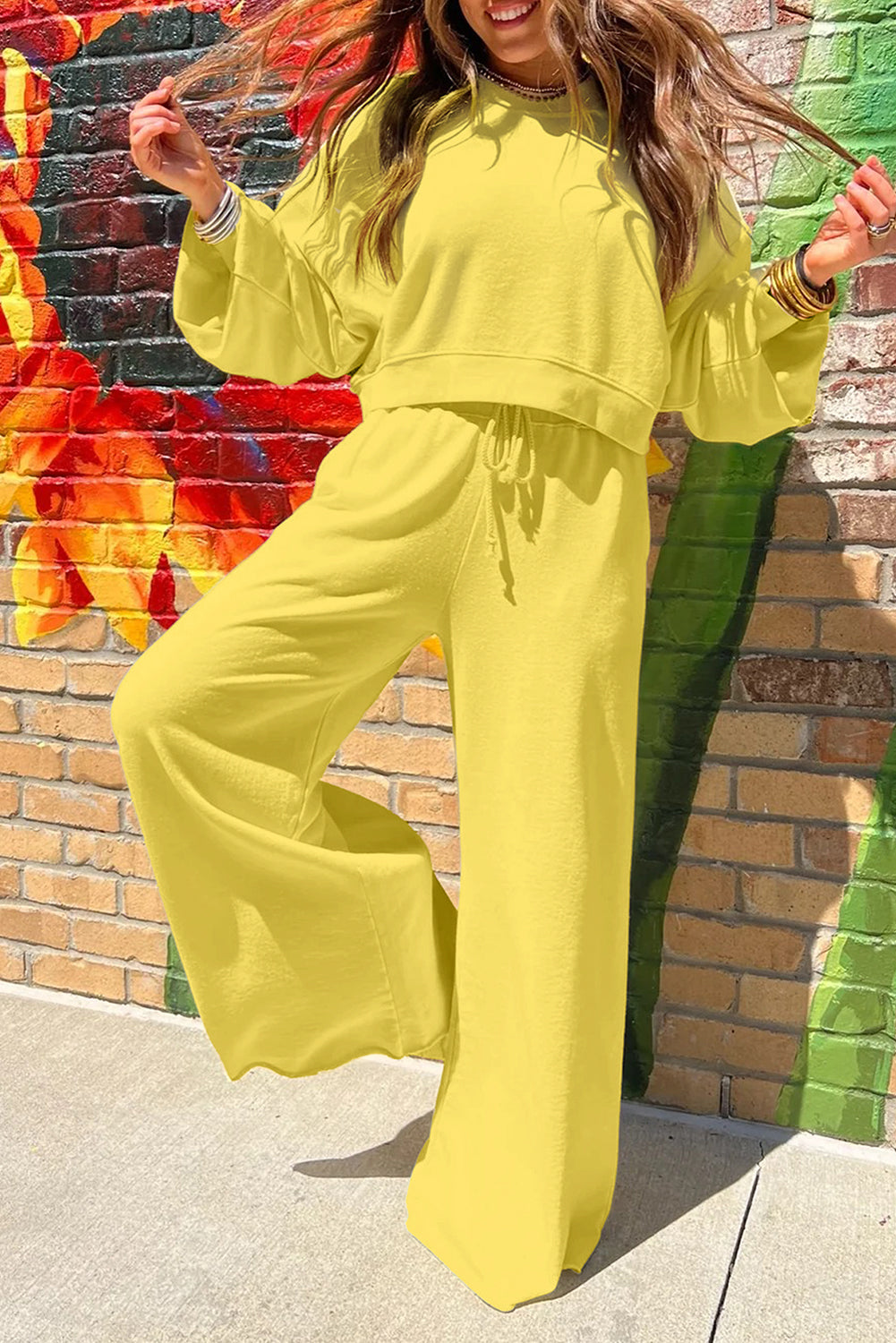 Light Pink Crop Pullover Drawstring Wide Leg Pants Set