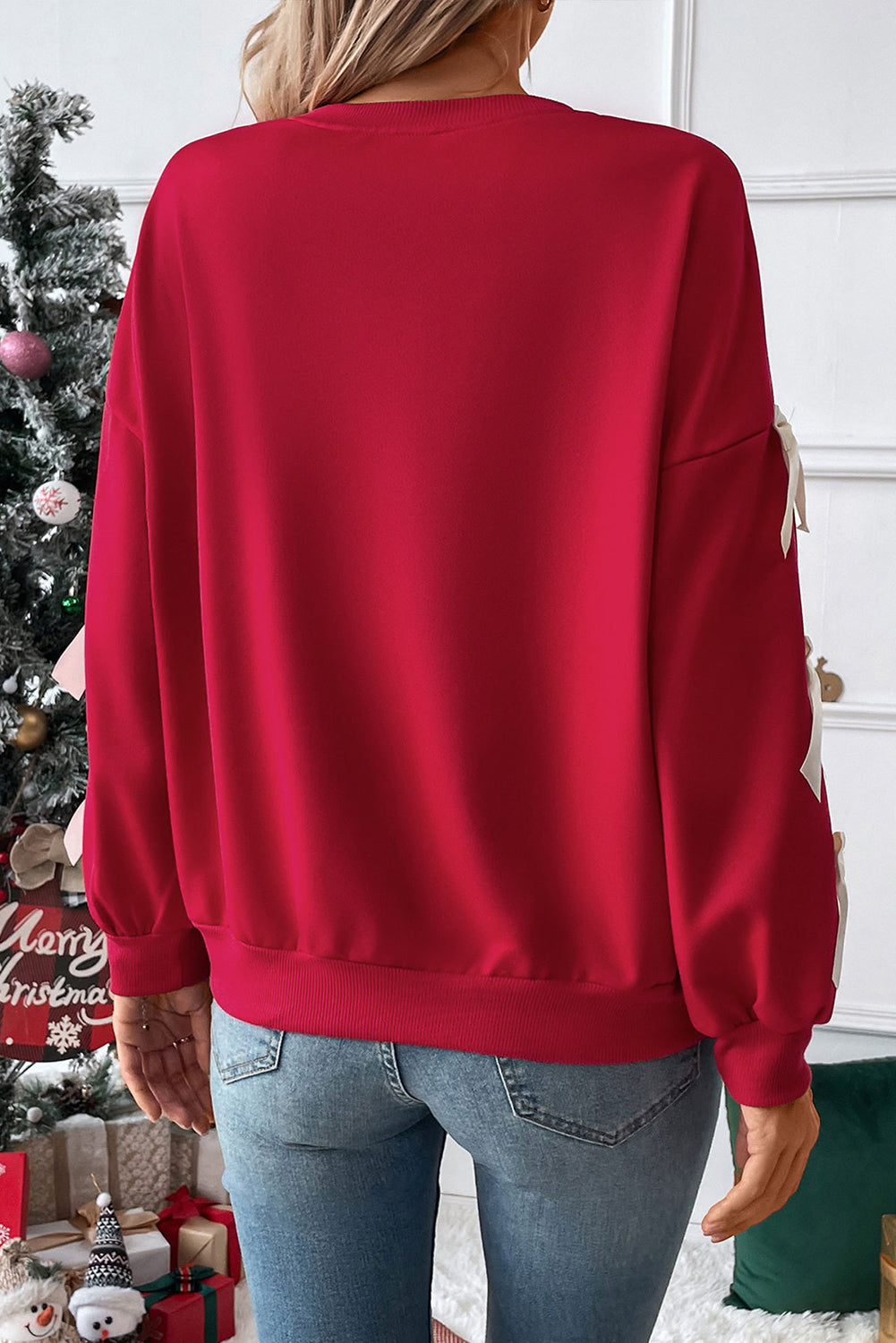 Red Sweet Bowknot Round Neck Sweatshirt