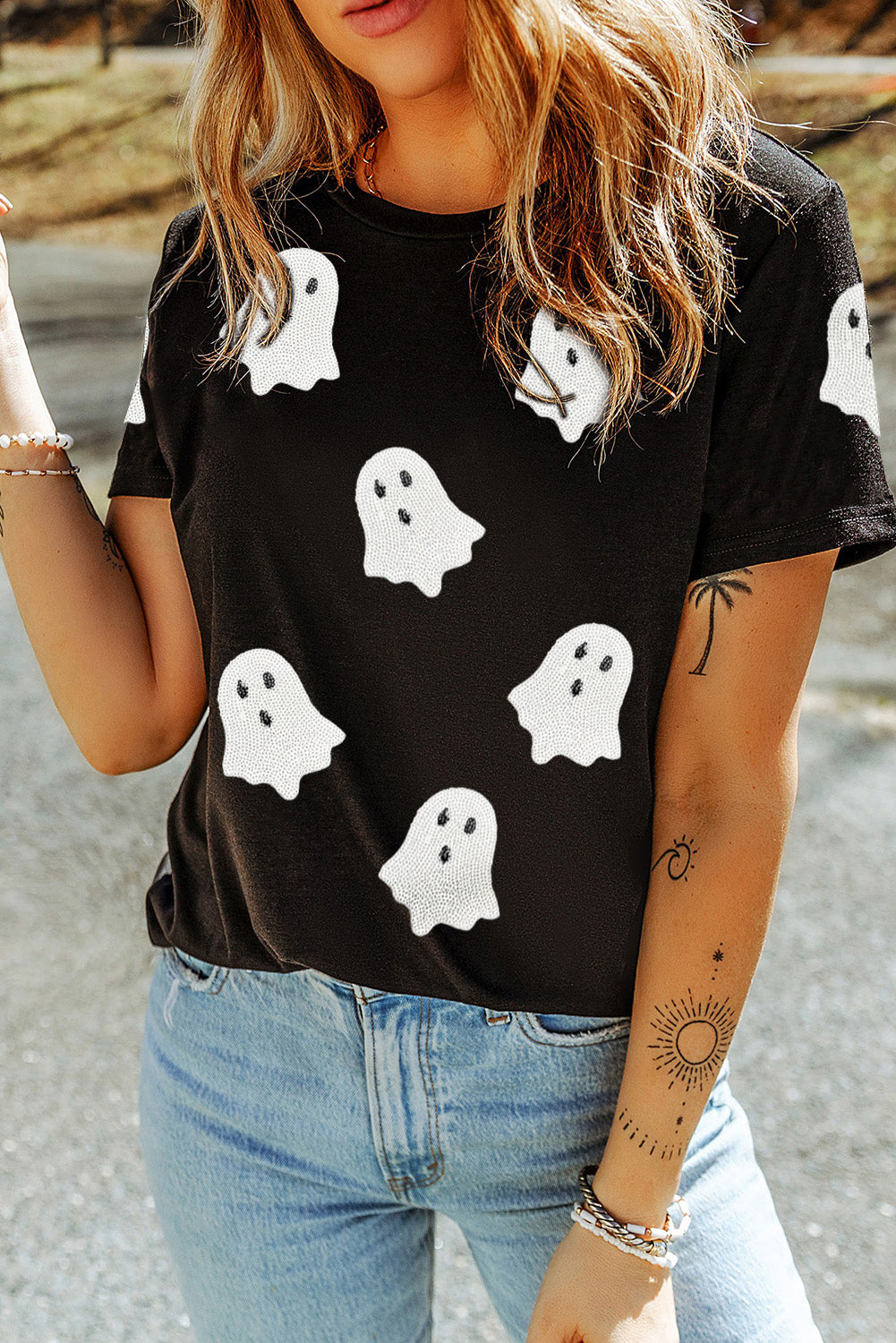 Pink Halloween Ghost Patched Casual T Shirt