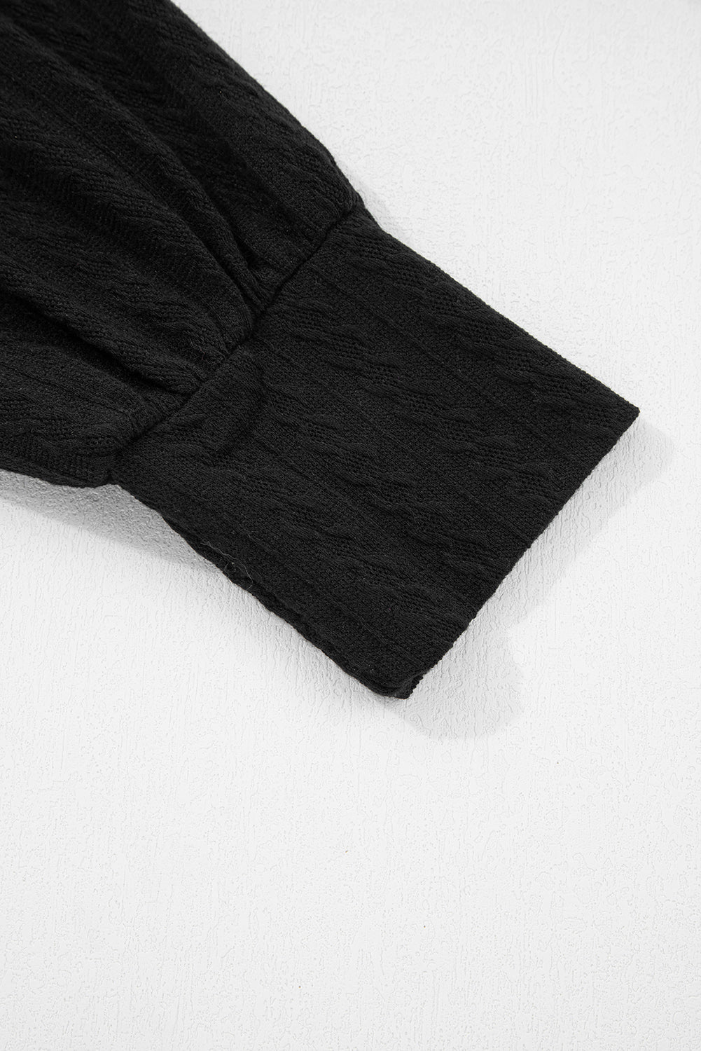 Black Textured Chest Pocket Drop Sleeve Top and Pants Set