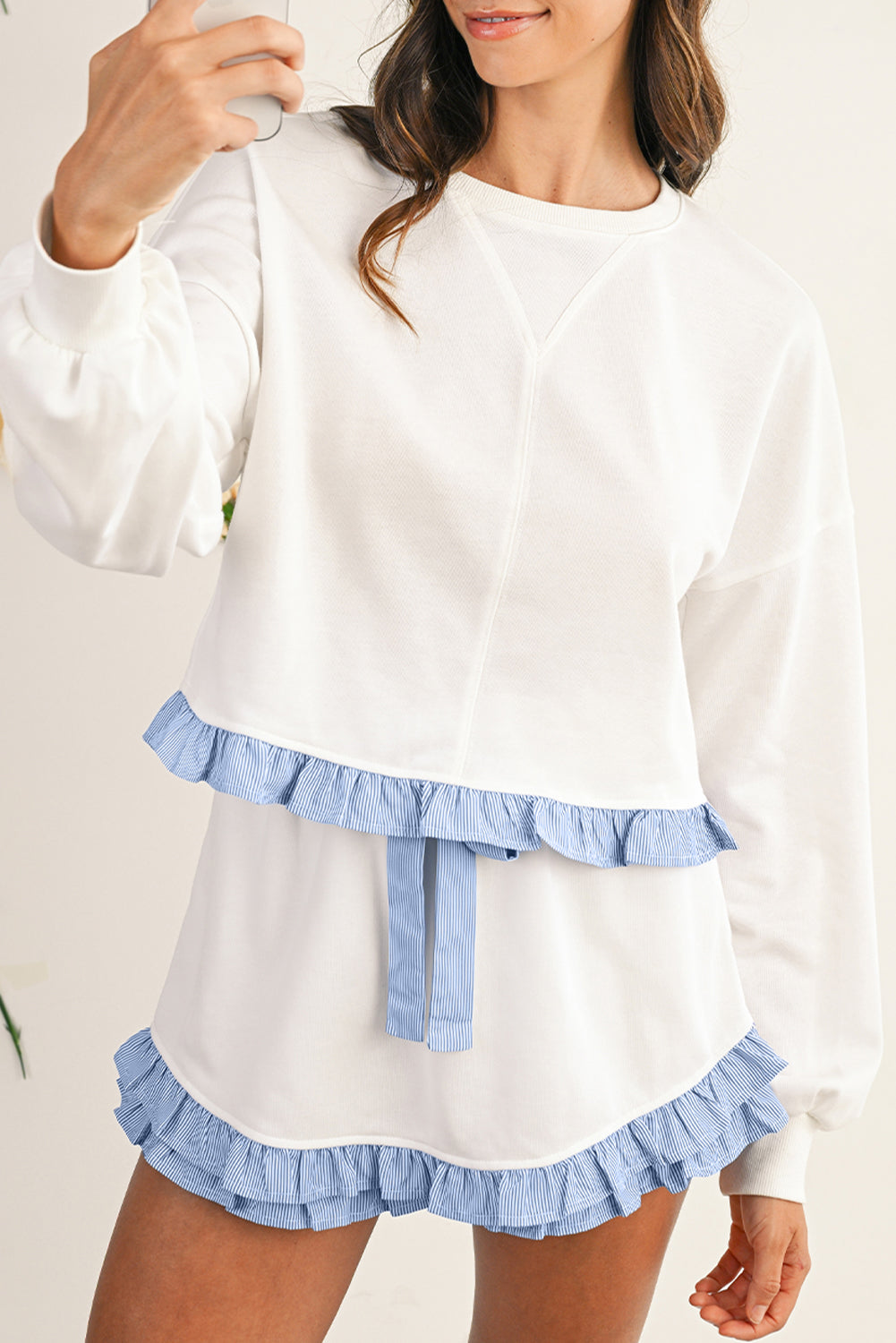 Striped Long Sleeve Pullover and Shorts Set