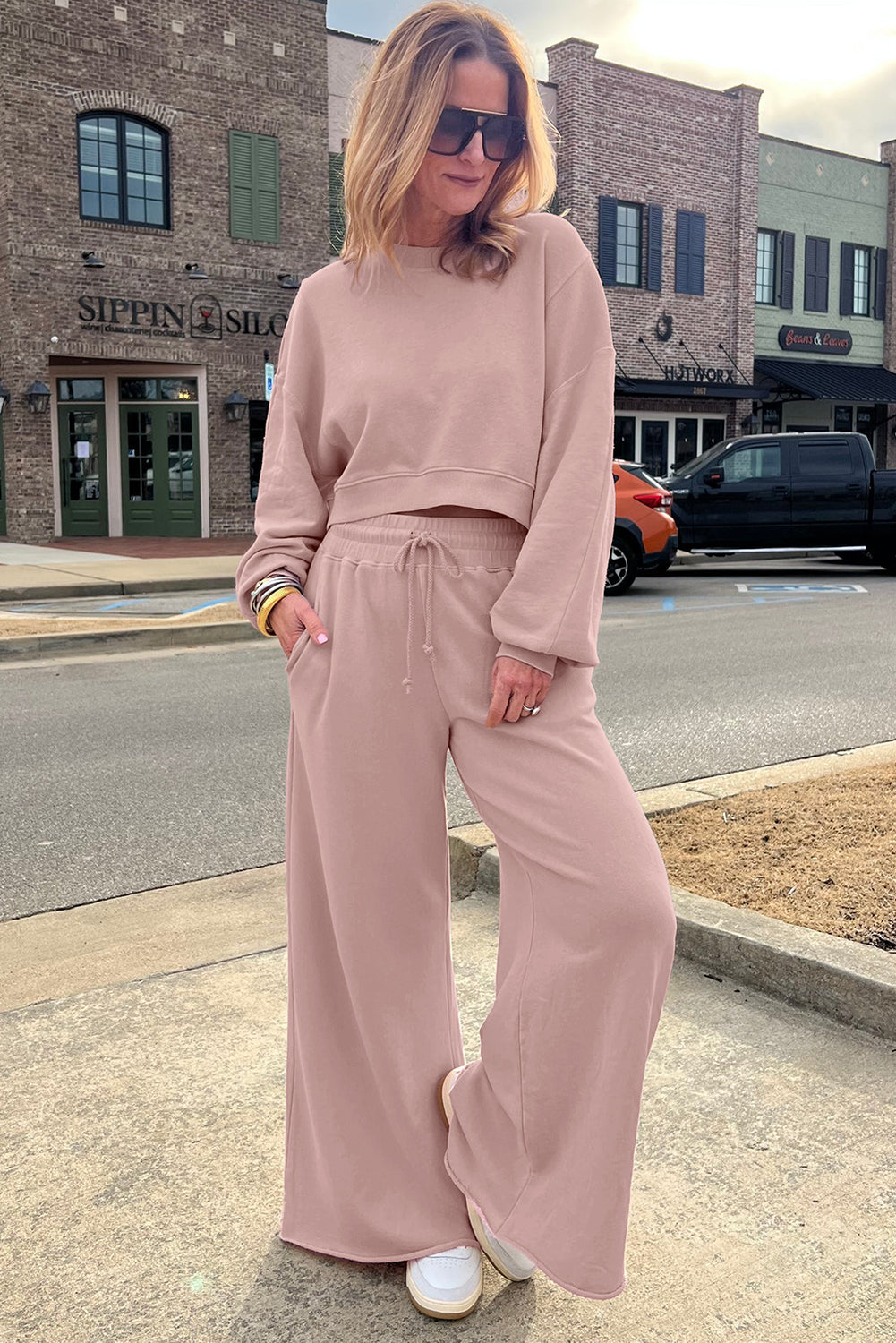 Light Pink Crop Pullover Drawstring Wide Leg Pants Set