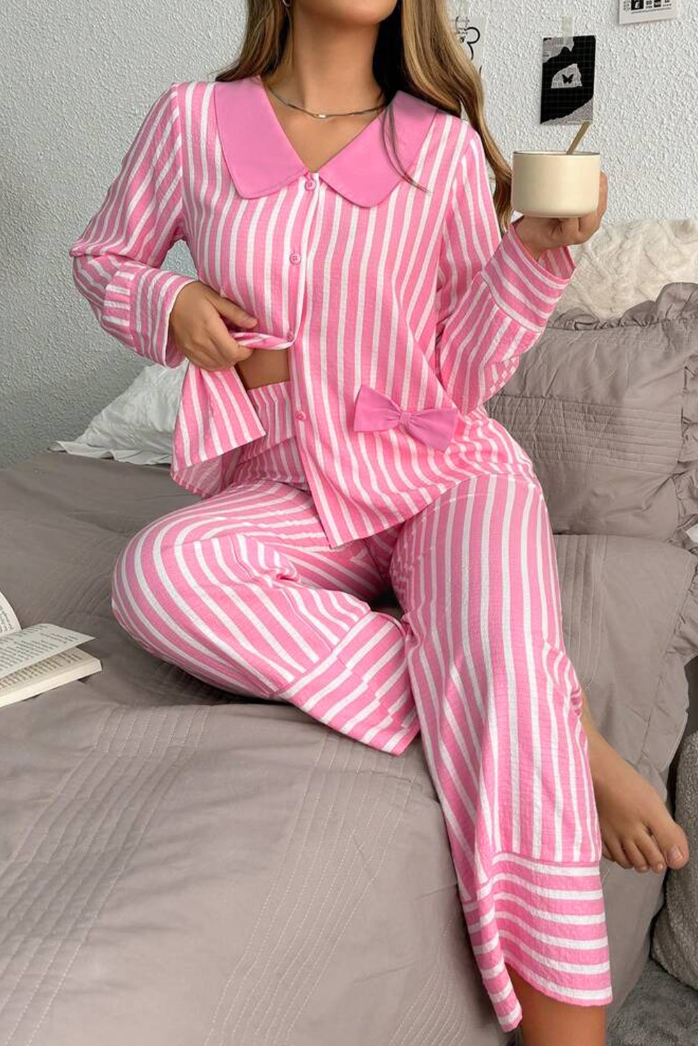 Pink Striped Pullover Pants Pajama Set