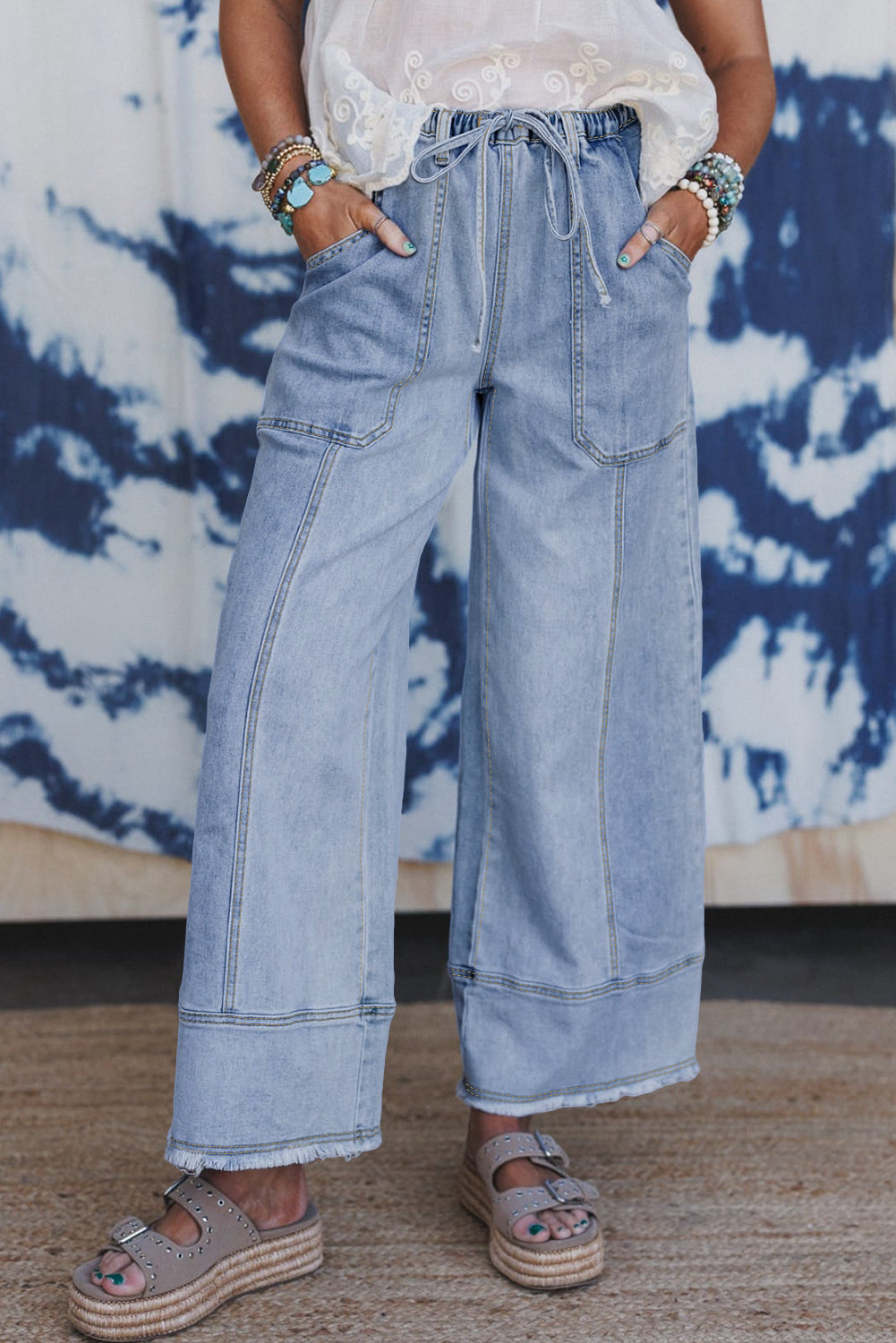Blue Drawstring Wide Leg Jeans