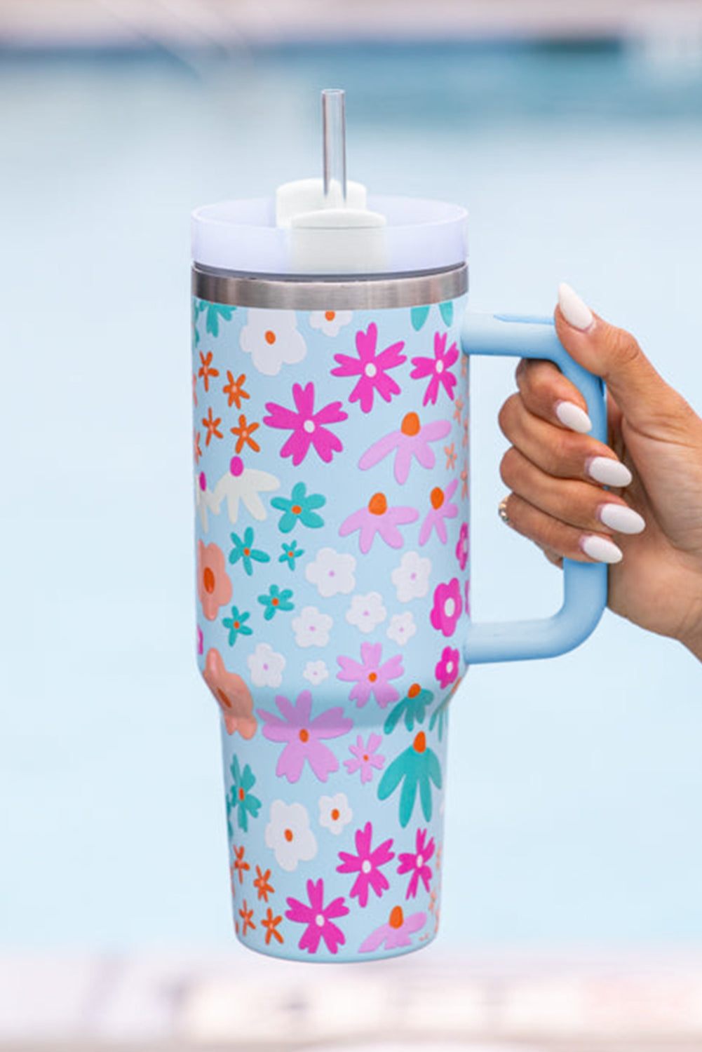 Blue Flower Print Handled Cup with Straw 40oz