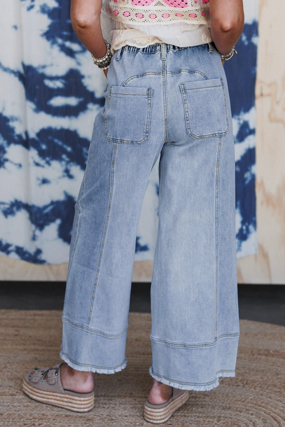 Blue Drawstring Wide Leg Jeans