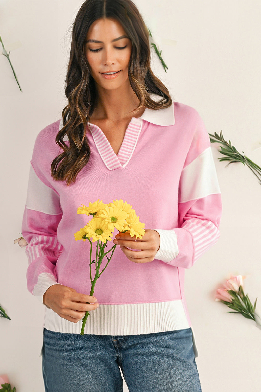 Pink Striped V Neck Sweater