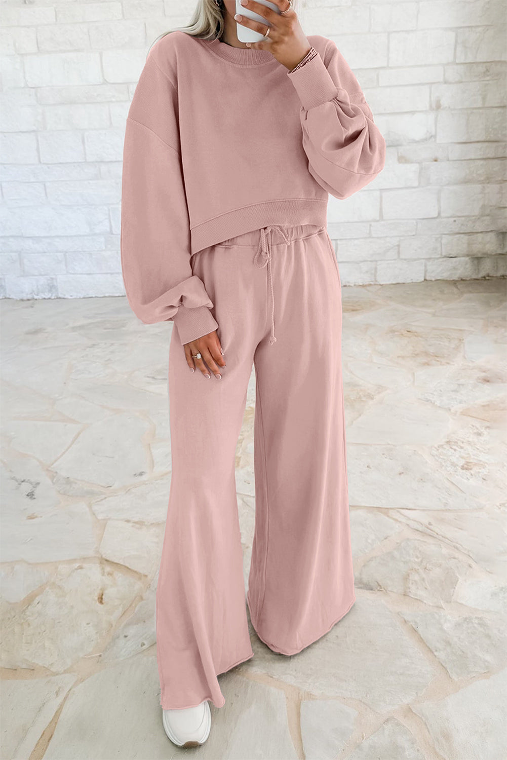 Light Pink Crop Pullover Drawstring Wide Leg Pants Set