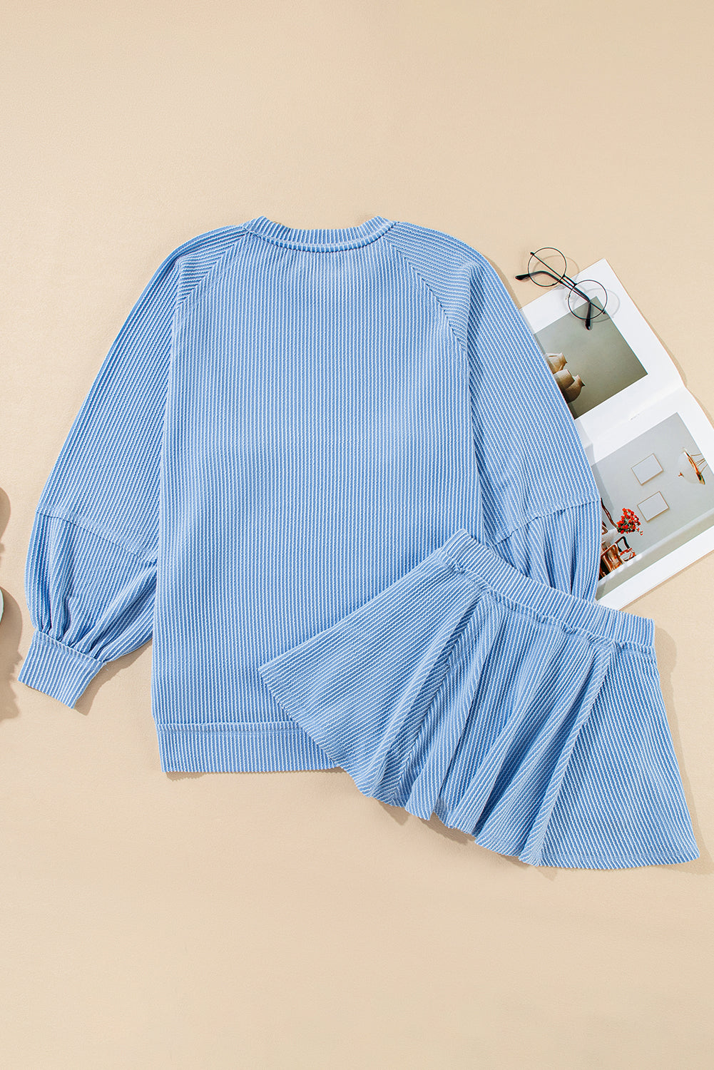 Sky Blue Sleeve Pullover Ruffle Mini Skirt Set