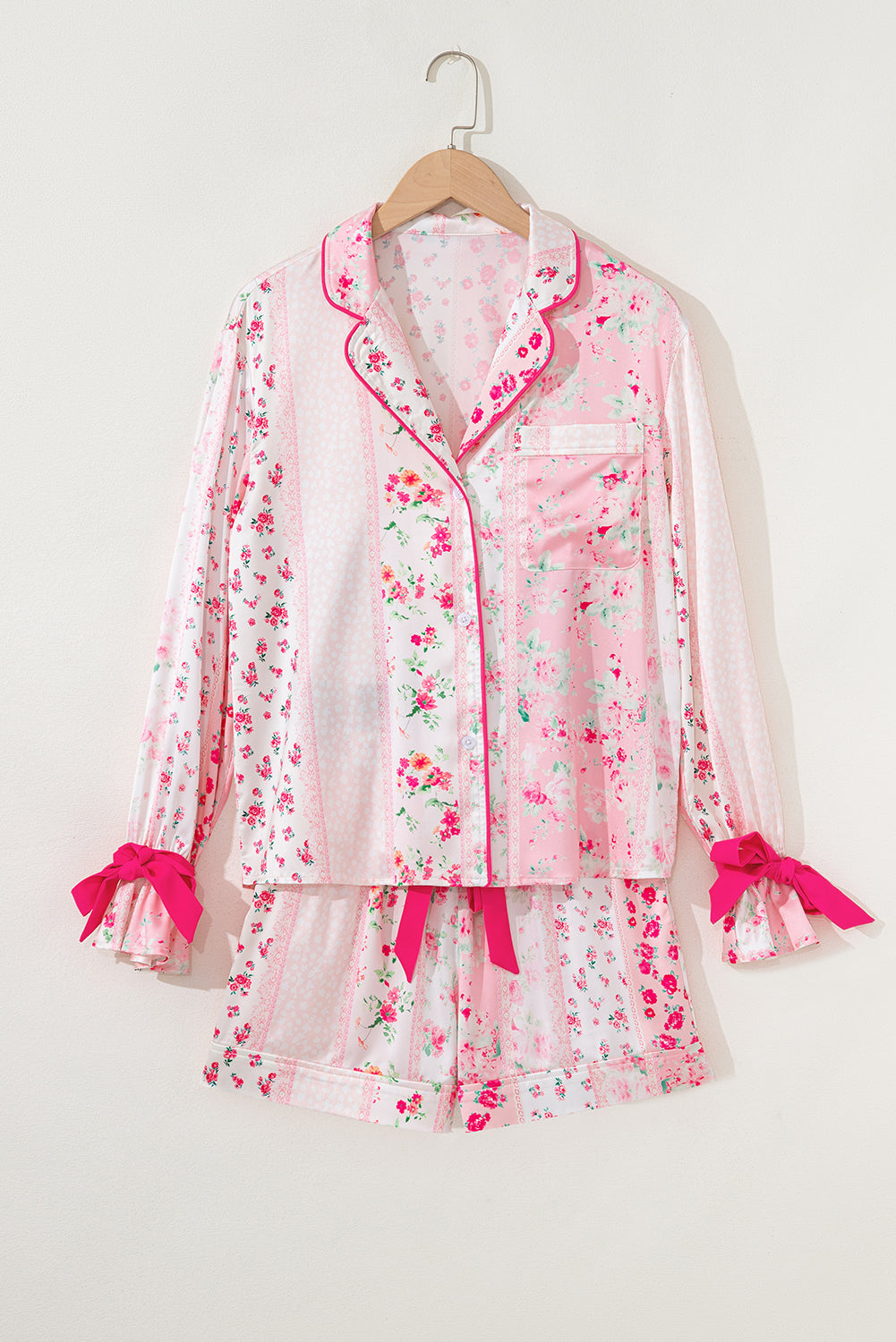 Pink Floral Print Satin Tie Pajama Set