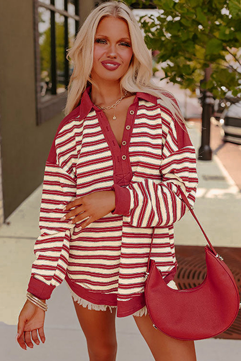Red Stripe Collared V Neck Drop Shoulder
