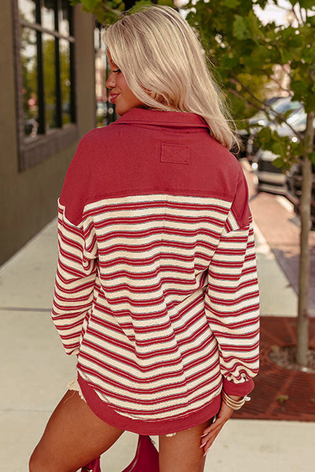 Red Stripe Collared V Neck Drop Shoulder