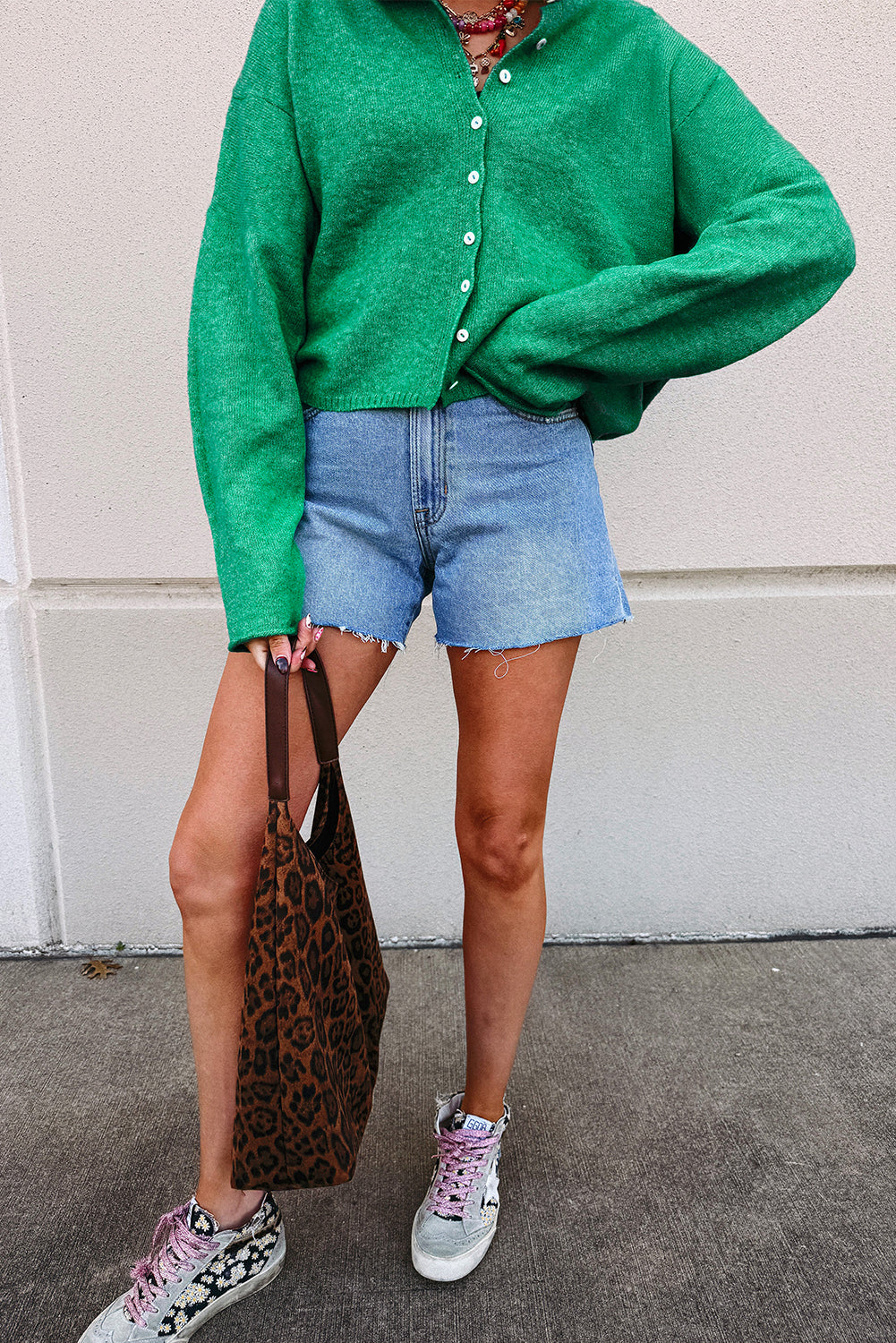 Green Solid Color Knit Cardigan
