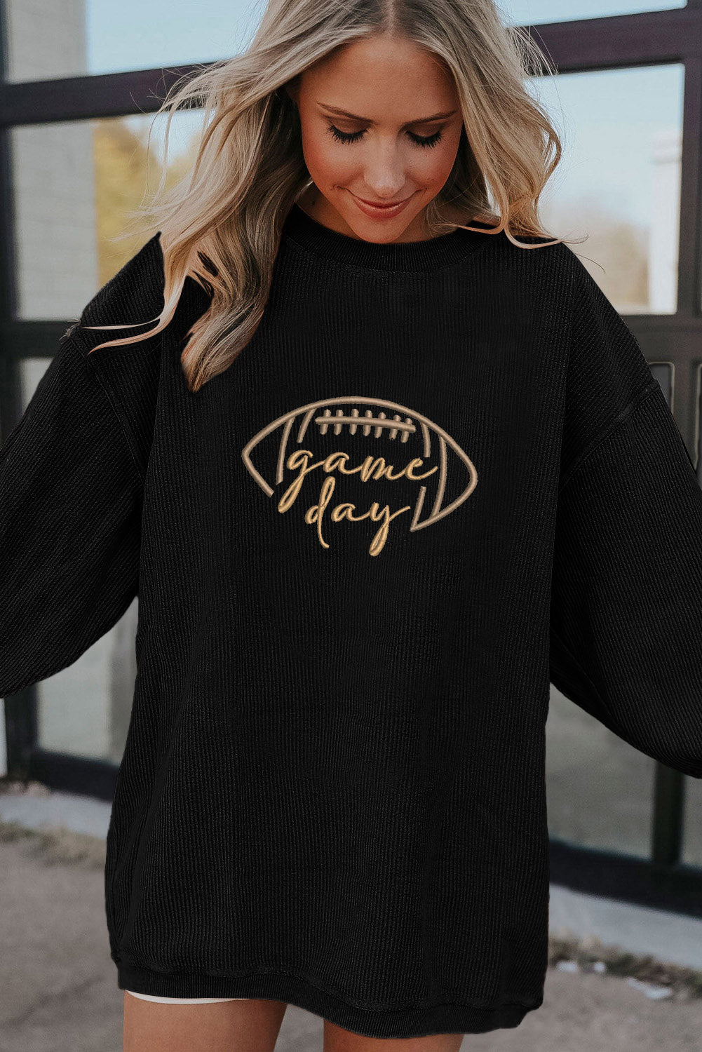 Black Football Drop Shoulder Game Day Sweatshirt