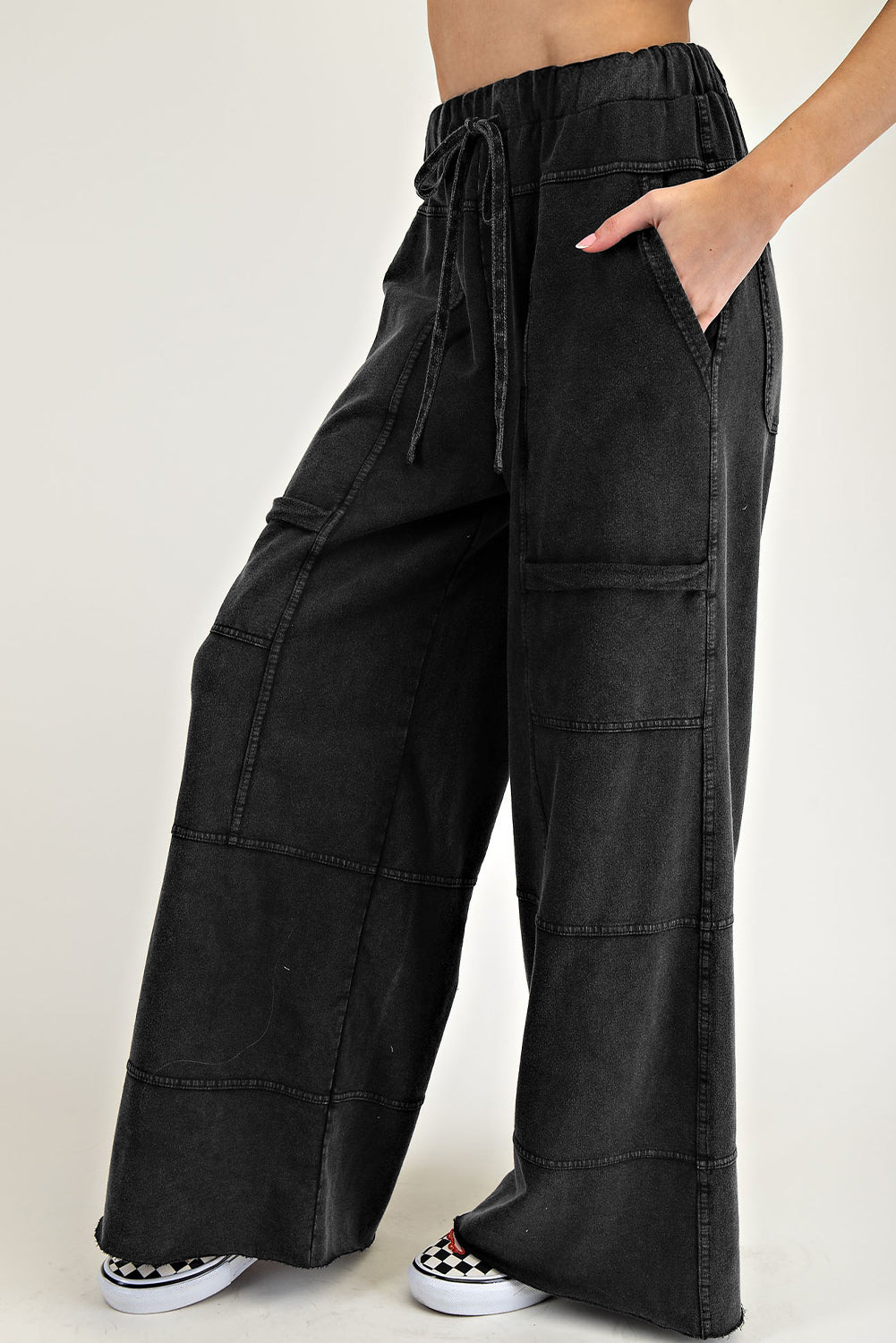 Black Exposed Seam Wide Leg  Pants