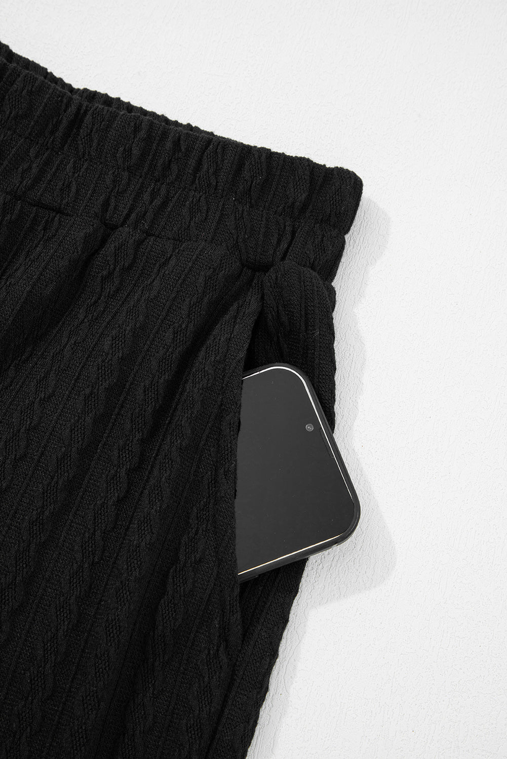 Black Textured Chest Pocket Drop Sleeve Top and Pants Set