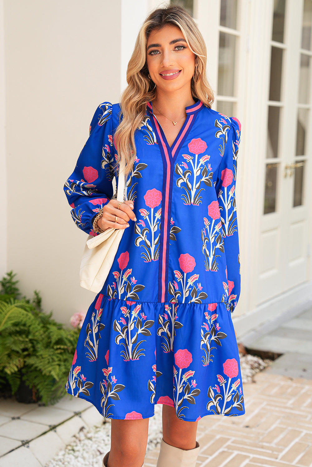White Floral Print V Neck Mini Dress
