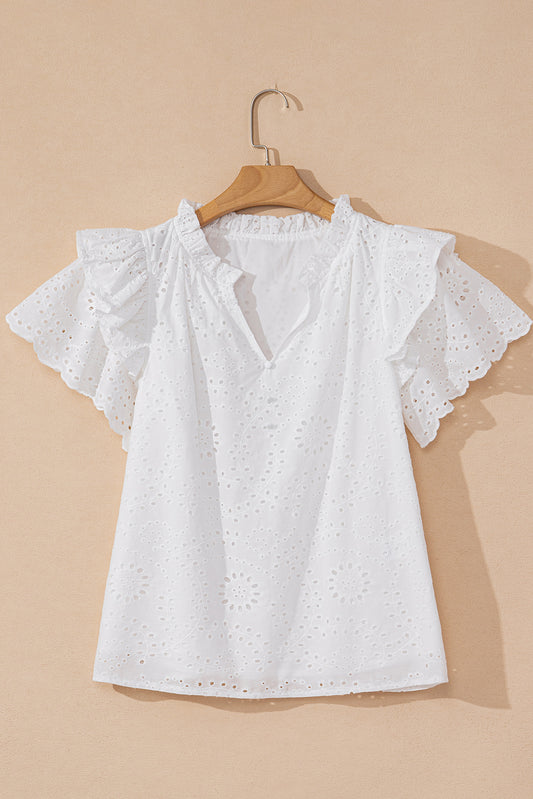 White Eyelet Flutter Sleeve V Neck Blouse