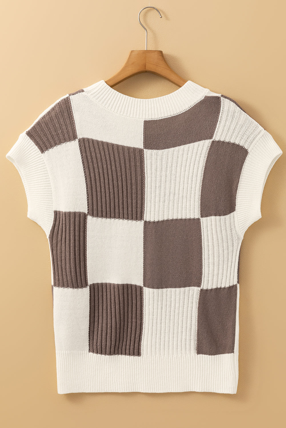 Khaki Checkered Crew Neck Short Sleeve Sweater