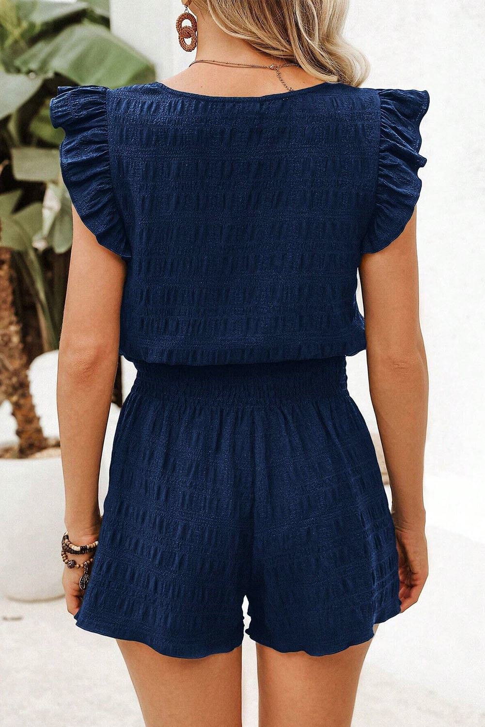 Dirty Blue Ruffle Top and Shirred High Waist Shorts Set