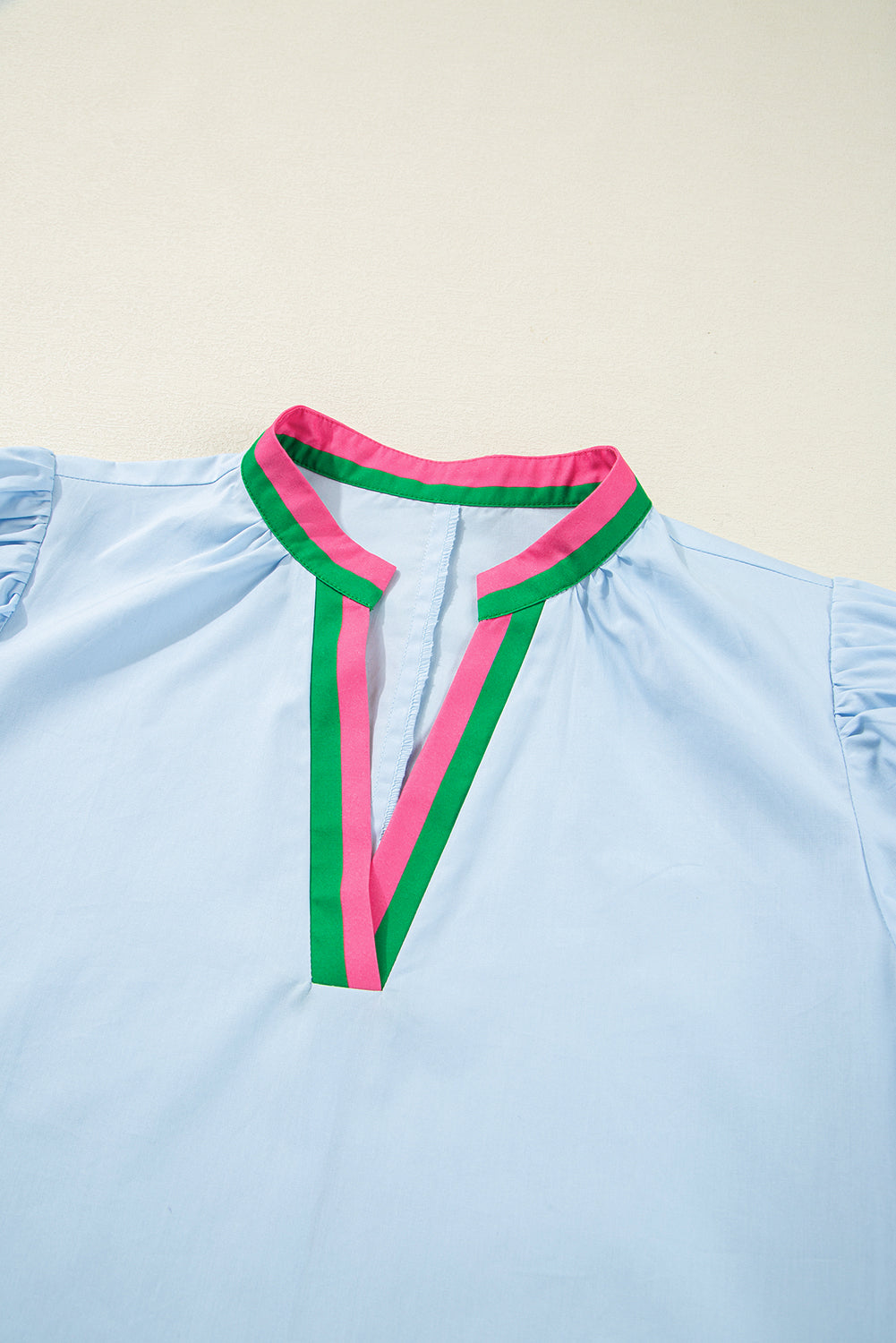 Striped Pop of Color V Neck Puff Sleeve Mini Dress