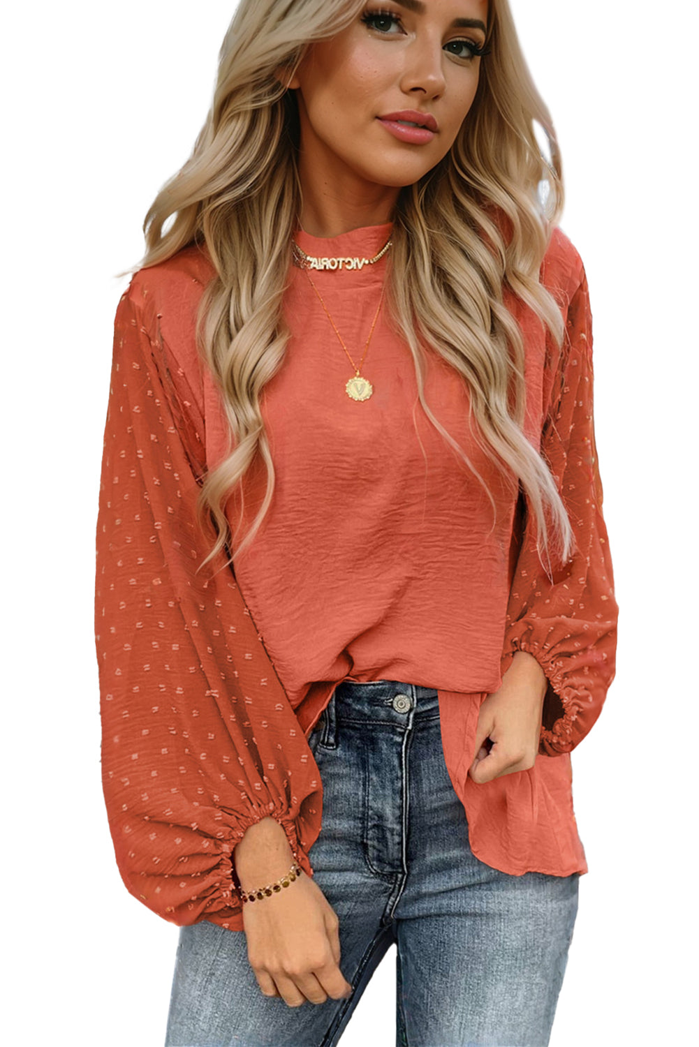 Swiss Dot Balloon Sleeve Patchwork Crinkle Blouse
