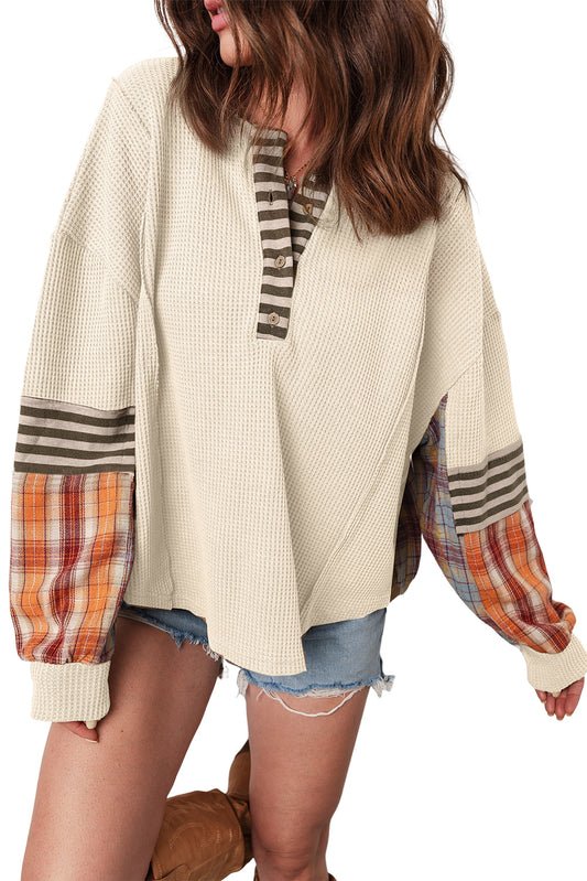 Beige Waffle Stripe Plaid Top
