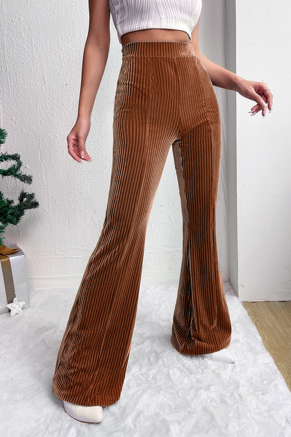 Chestnut Solid Color High Waist Flare Pants