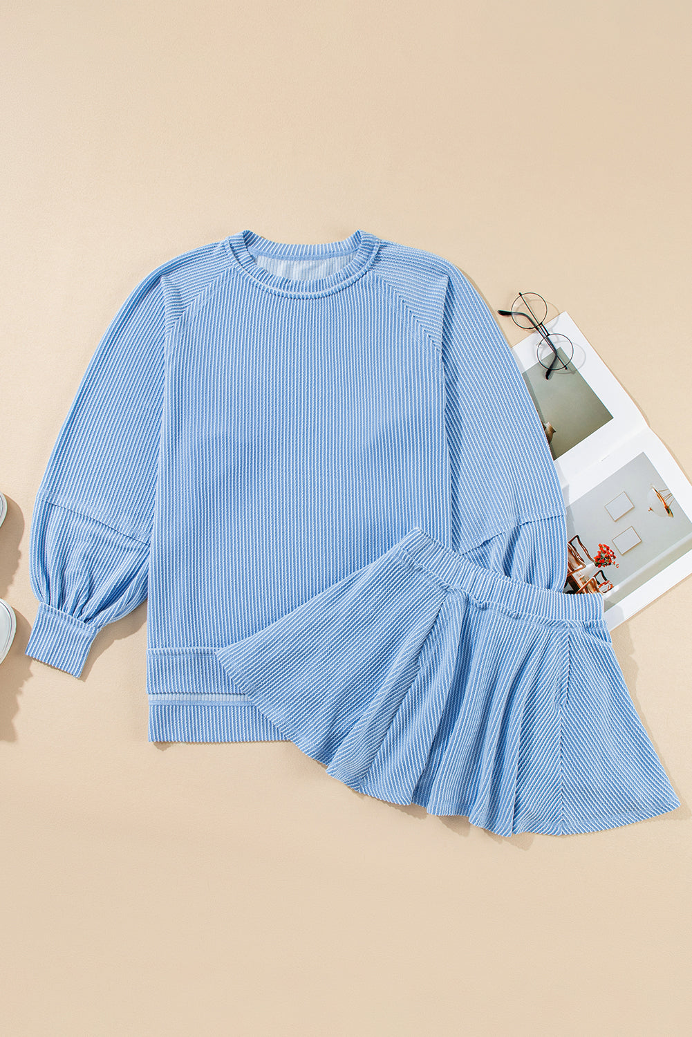 Sky Blue Sleeve Pullover Ruffle Mini Skirt Set