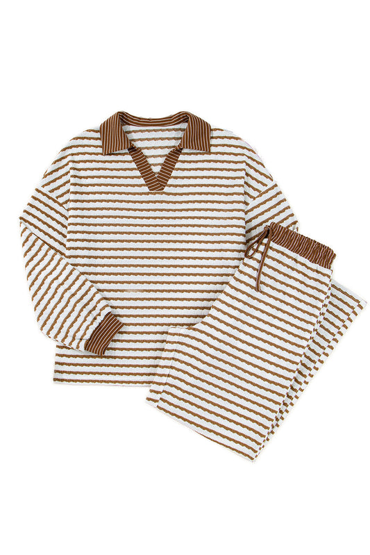 Khaki Stripe Pullover Top and Drawstring Pants Set