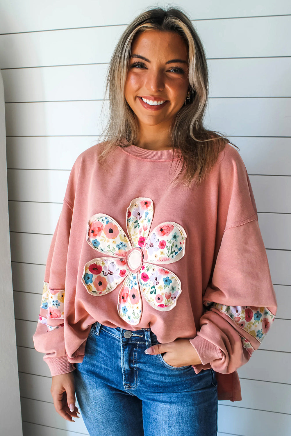 Peach Blossom Flower Drop Sleeve Pullover Sweatshirt