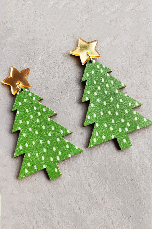 Green Polka Dot Print Christmas Tree Dangle Earrings