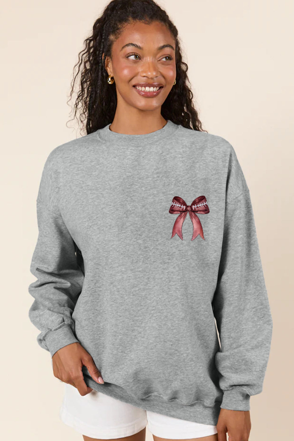 Gray Football Bow Print Pullover Sweatshirt
