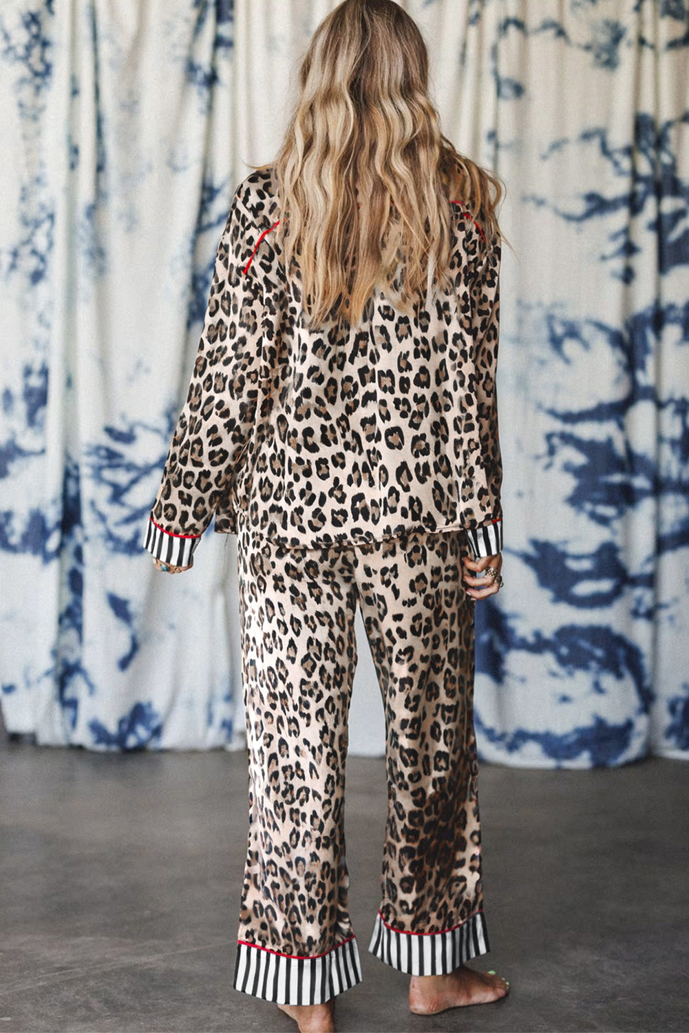 Leopard Print Striped Patchwork Shirt and Pants Pajama Set