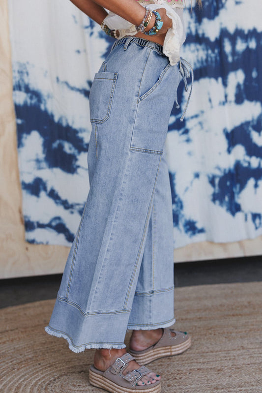 Blue Drawstring Wide Leg Jeans
