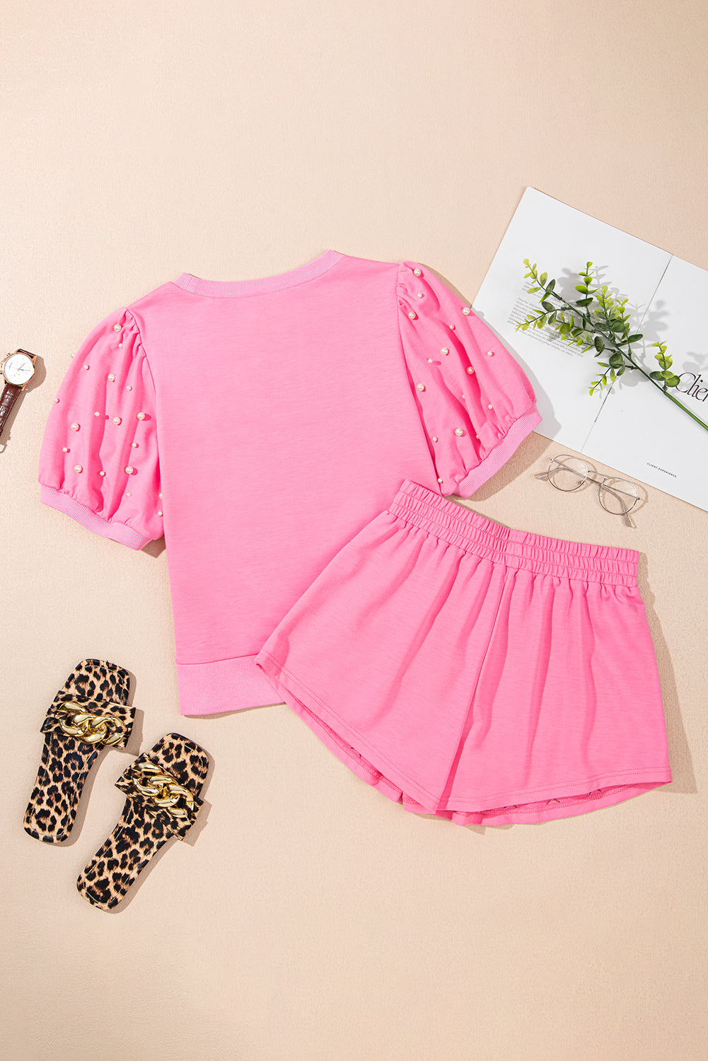 Pink Bow Trim Pearl Blouse and Skort Set