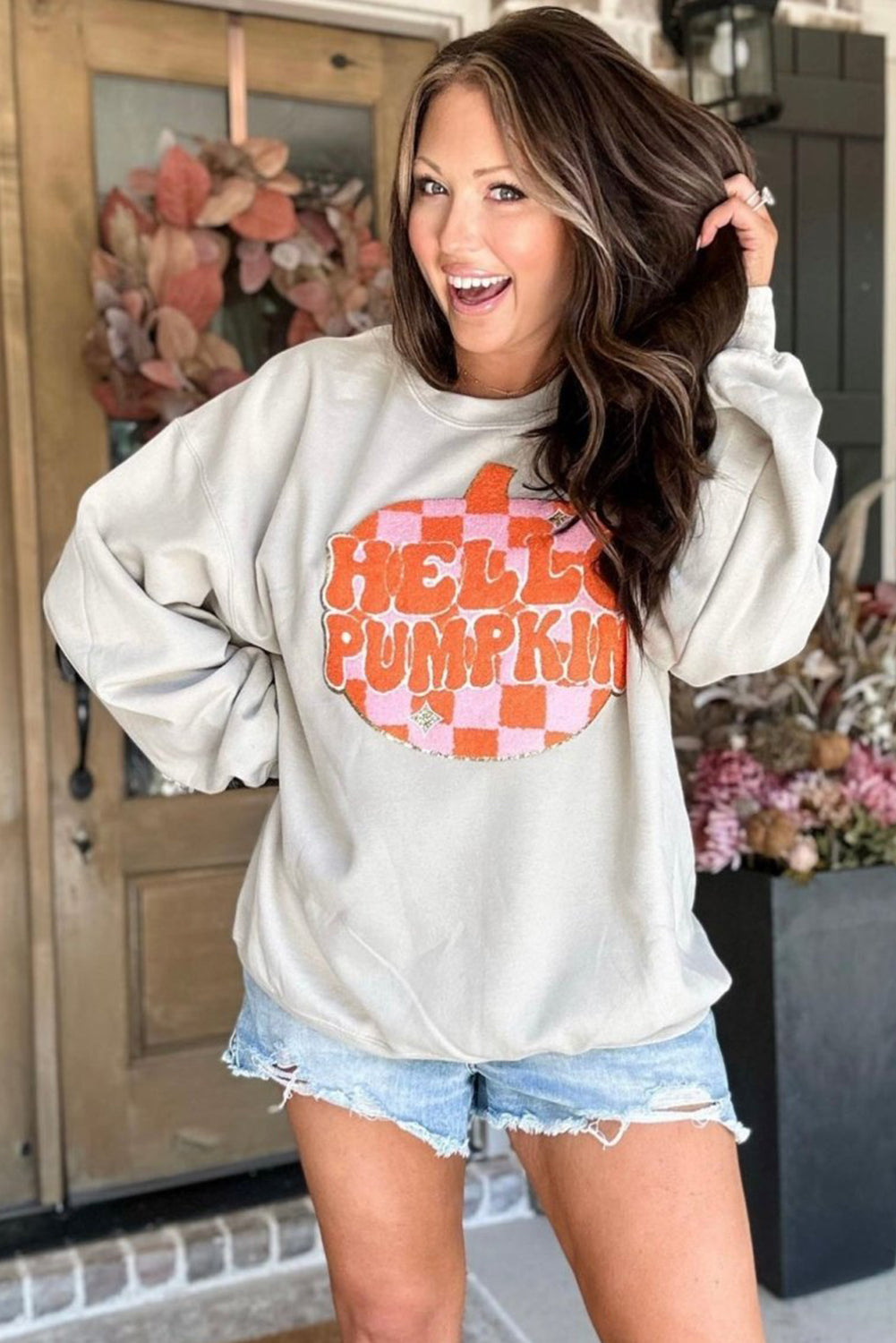 Hello Pumpkin Patched Pullover Sweatshirt