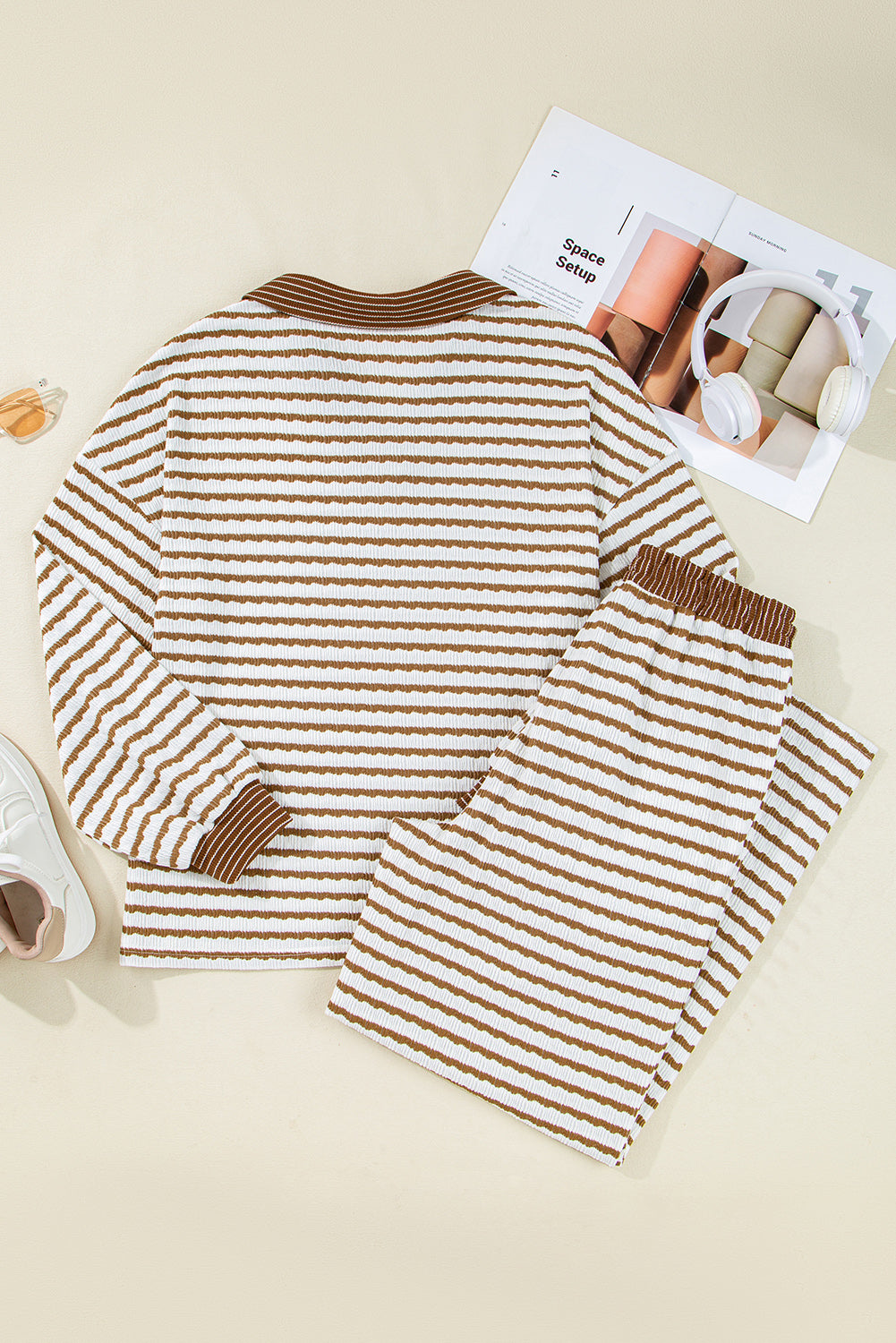 Khaki Stripe Pullover Top and Drawstring Pants Set