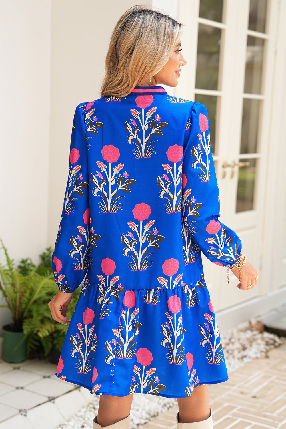 White Floral Print V Neck Mini Dress
