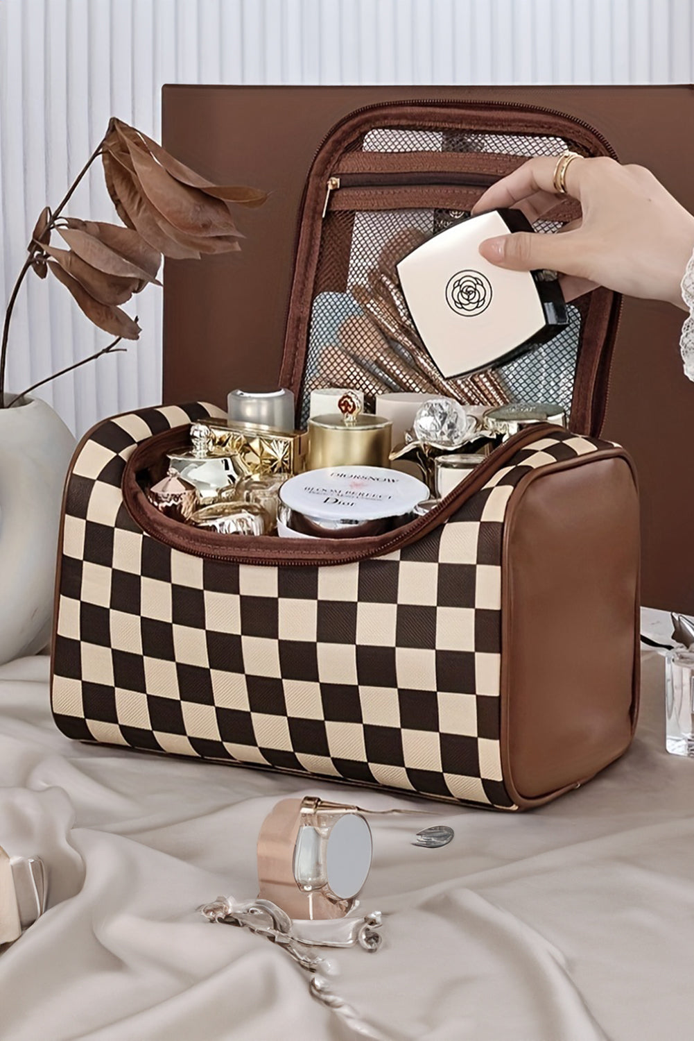 Checkered Large Cosmetic Bag with Handle
