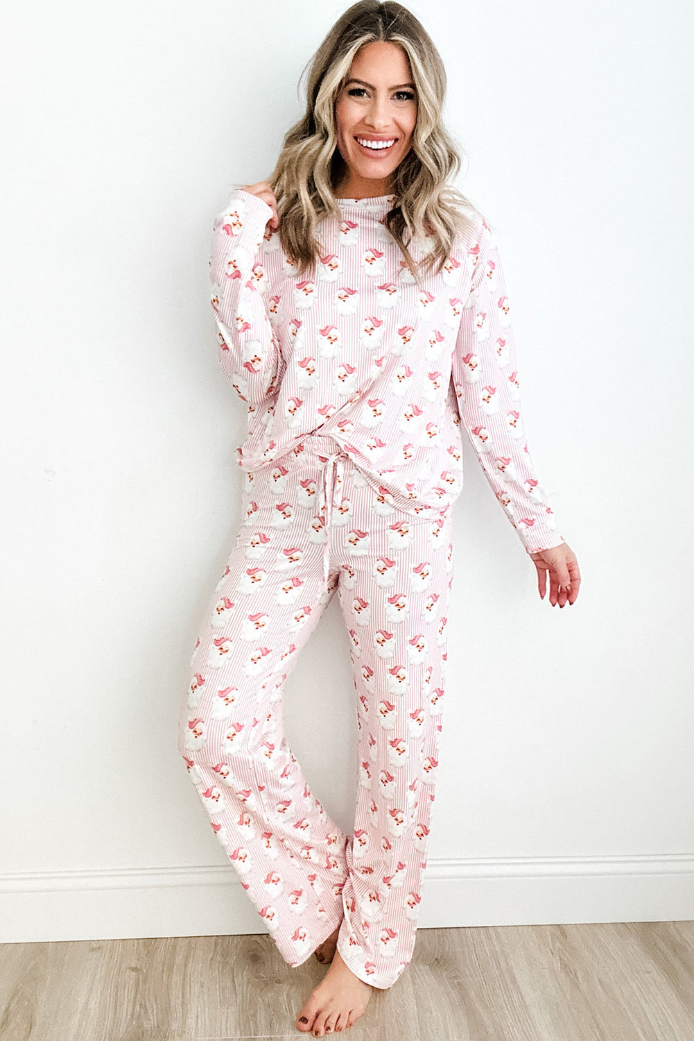 Pink Santa Claus Print Loose Fit Two Piece Loungewear Set