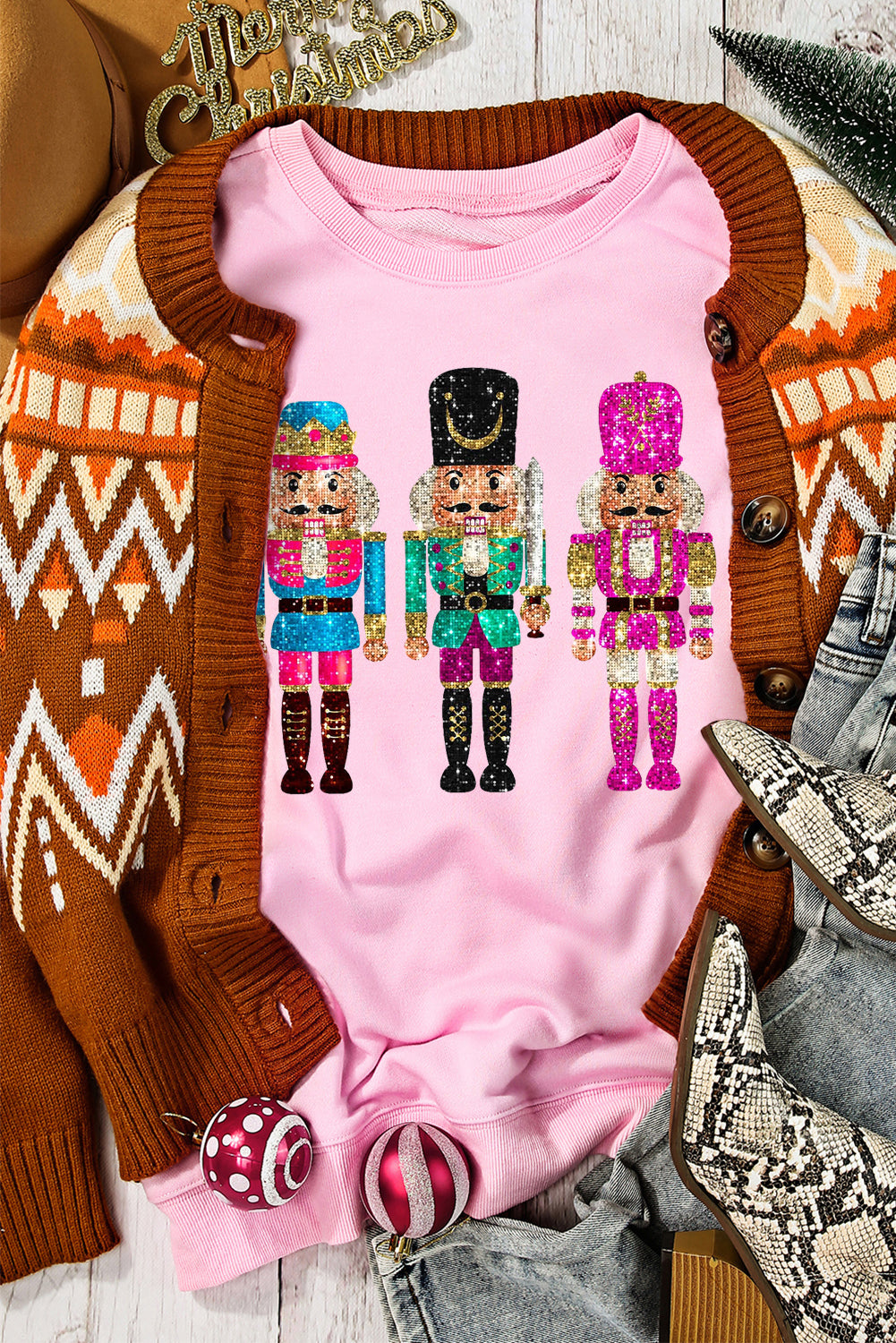Pink Nutcracker Graphic Drop Shoulder Christmas Sweatshirt