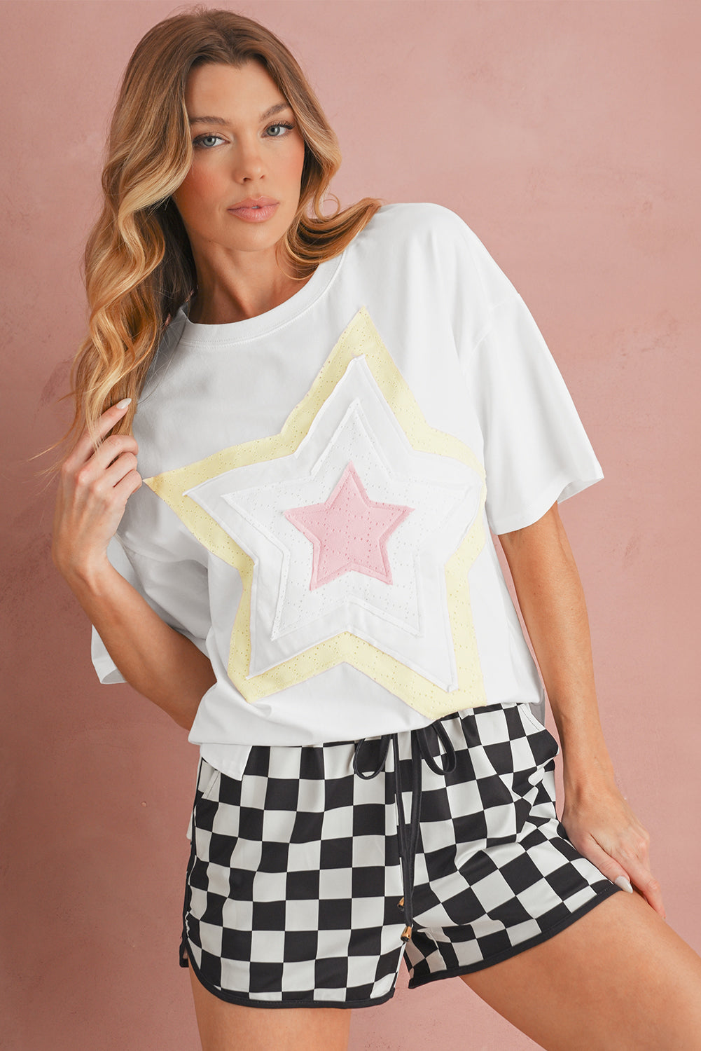 White Star Patched Drop Shoulder Half Sleeve Loose Tee