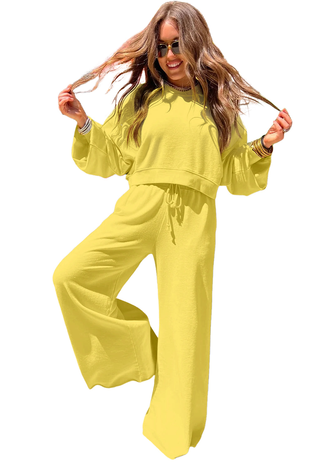 Light Pink Crop Pullover Drawstring Wide Leg Pants Set