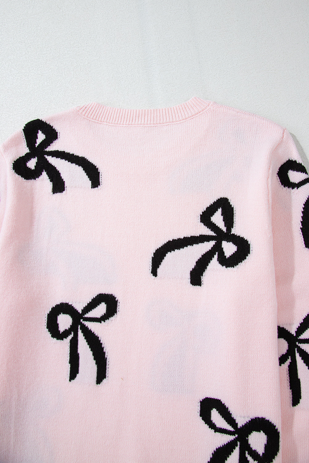 Light Pink Bow Print Long Sleeve Loose Fit Sweater