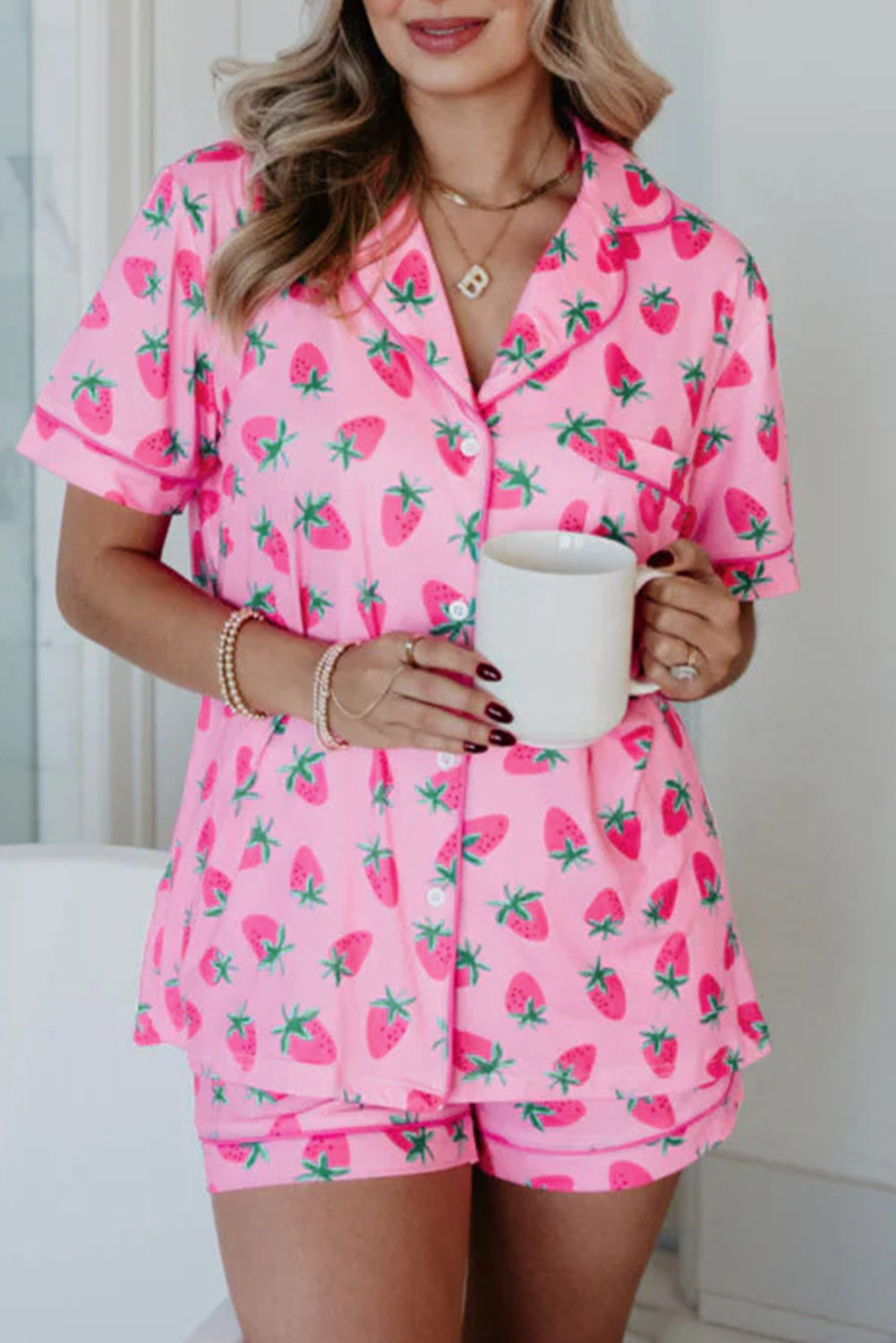 Pink Strawberry Top and Shorts Pajama Set