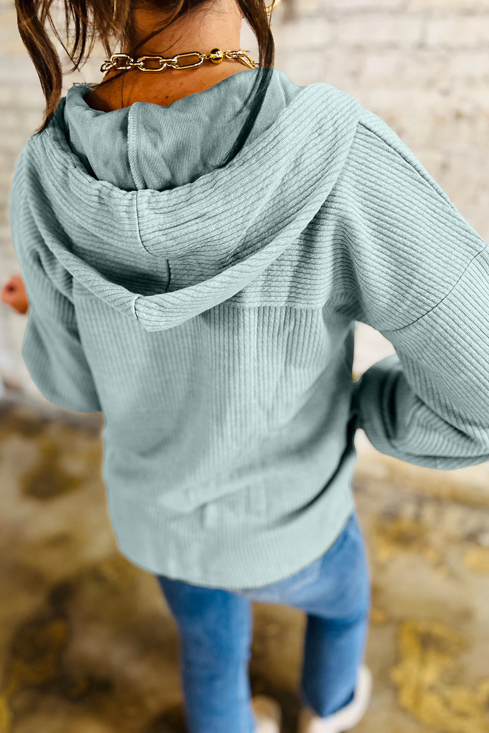 Aqua Ribbed Drop Shoulder Knit Hoodie