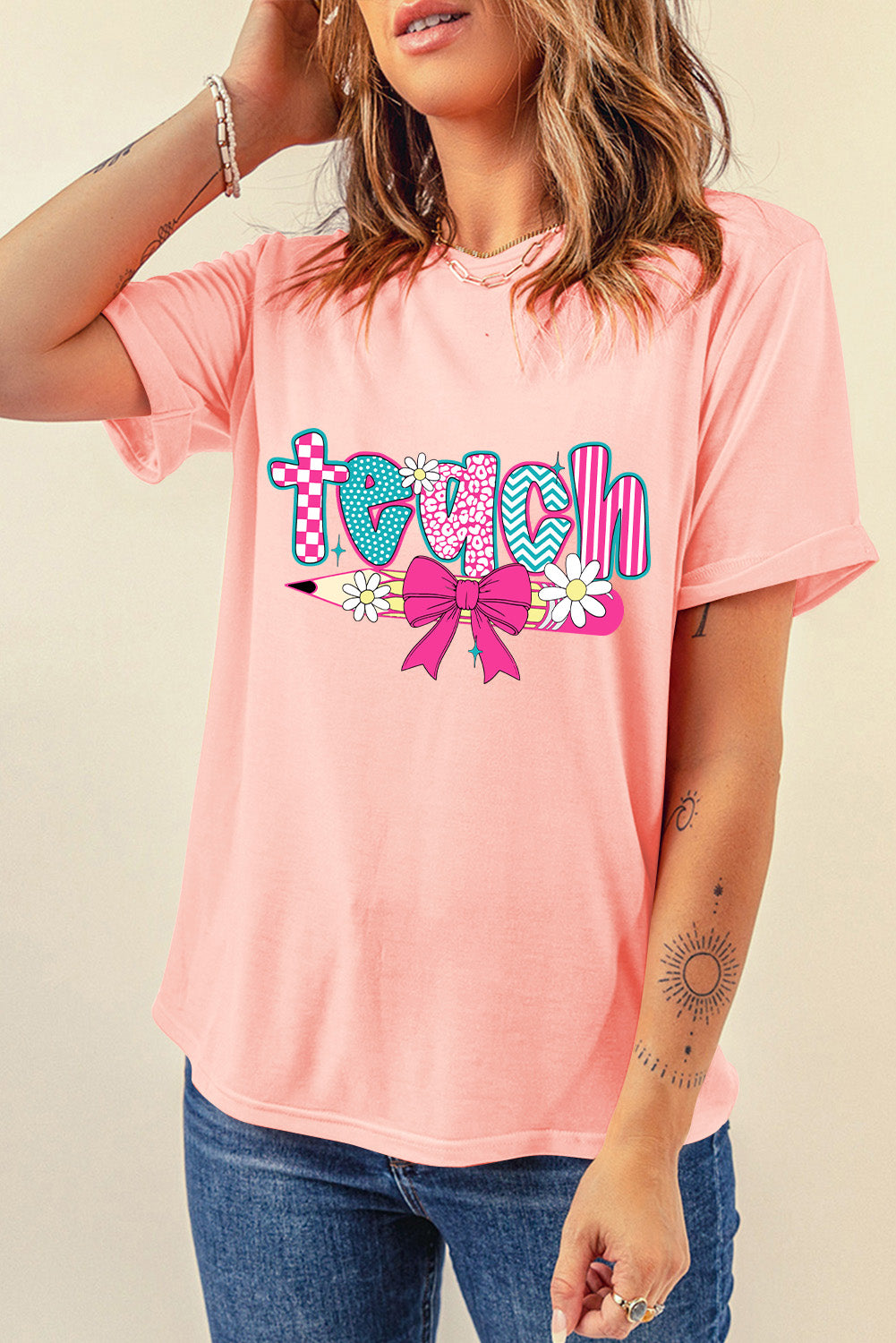 Pink Checkered teach and Bow Pencil Graphic T Shirt