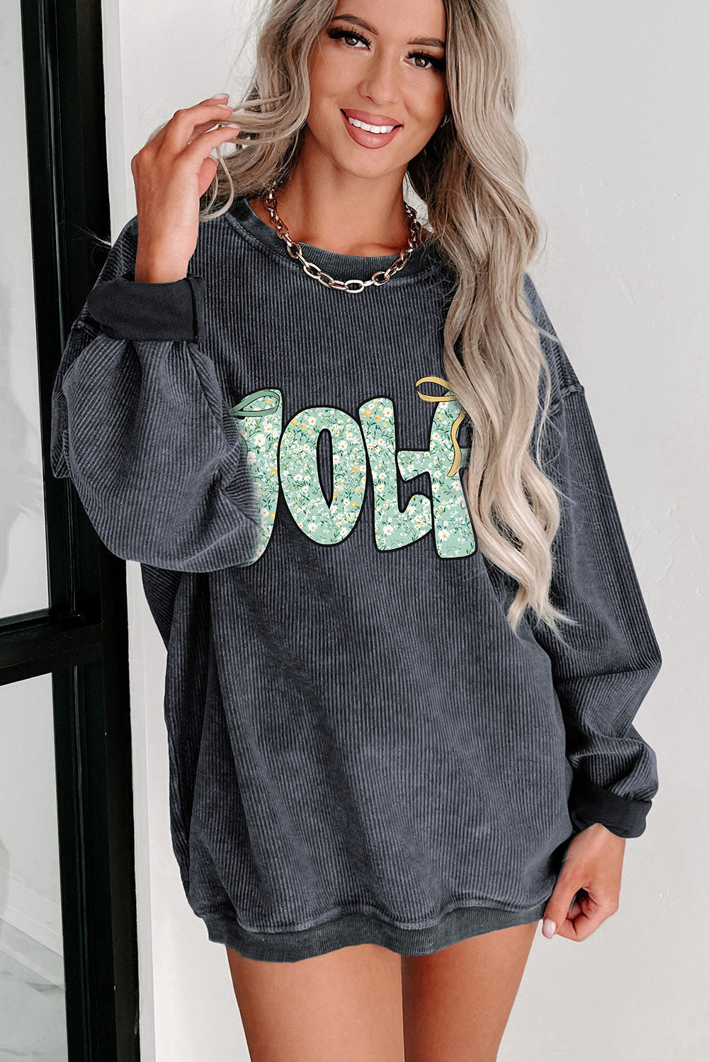 Gray Twisted Ribbed Floral GOLF Bow Printed Sweatshirt
