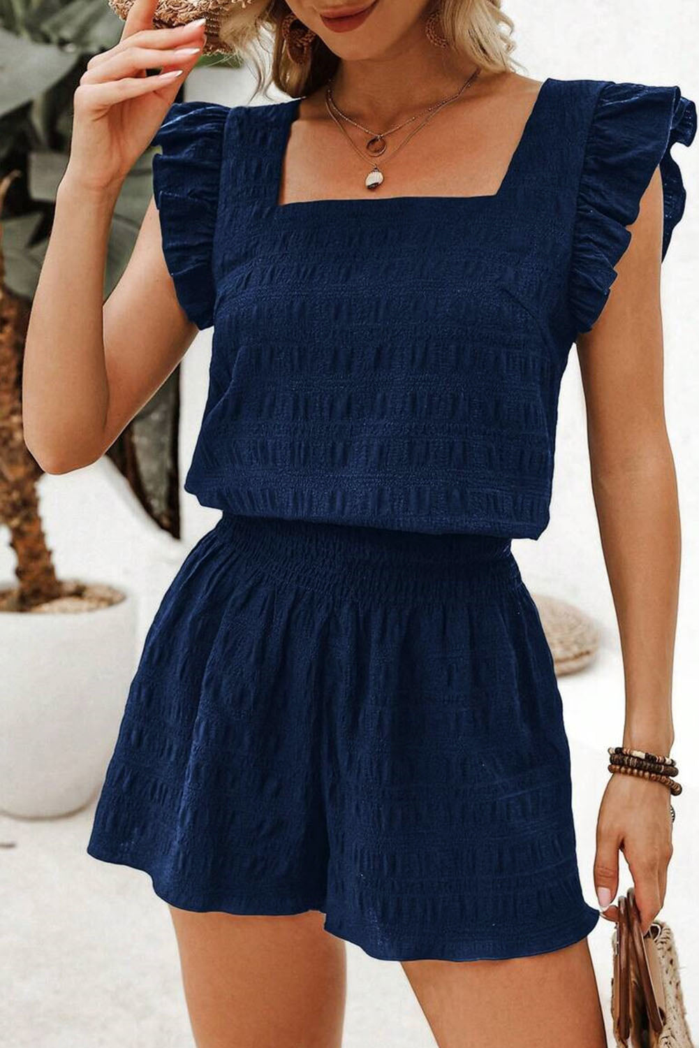 Dirty Blue Ruffle Top and Shirred High Waist Shorts Set